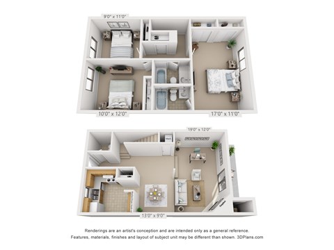 Floor plan for 3 beds, 2.5 baths, 1380 sqft